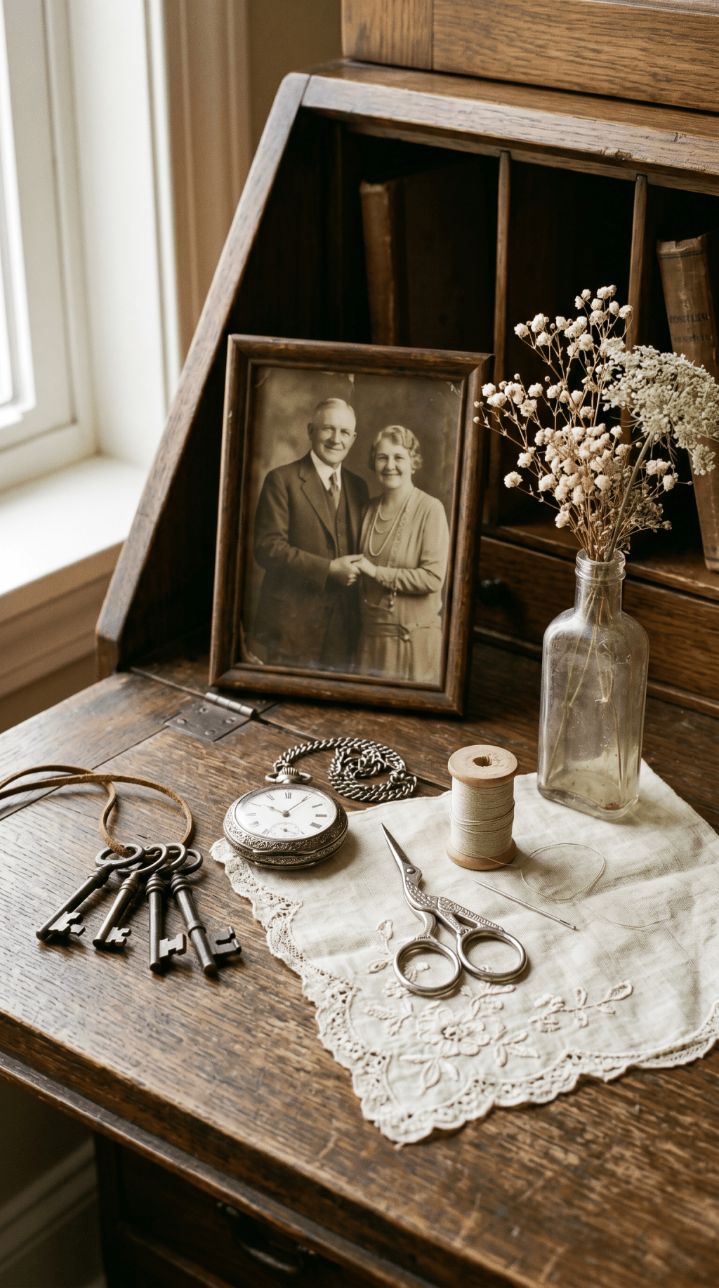 Vintage secretary desk styled with antique keys, a pocket watch, embroidery scissors, dried flowers, and a framed family photograph, celebrating family history and treasured heirlooms.