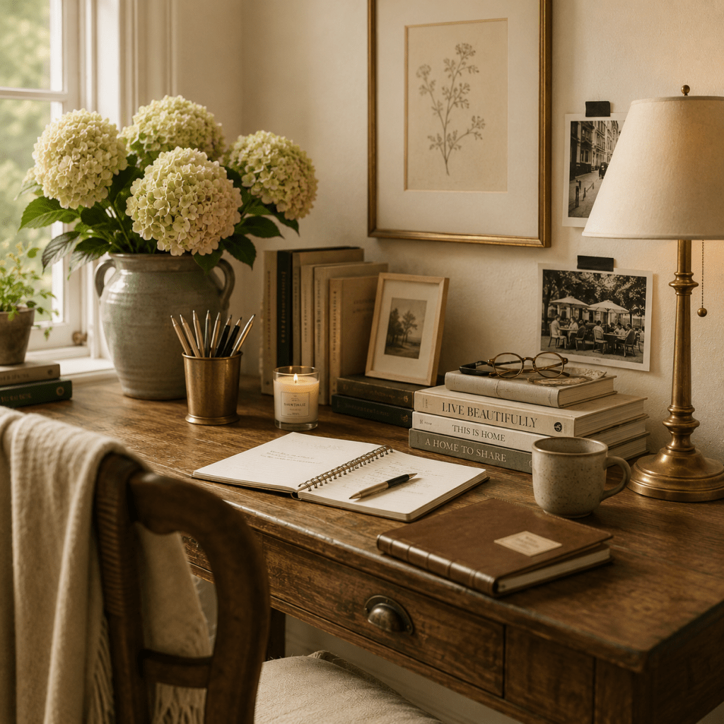 Nancy Meyers inspired home office desk with antique wood furniture, brass lamp, books, cream hydrangeas, and warm natural light.