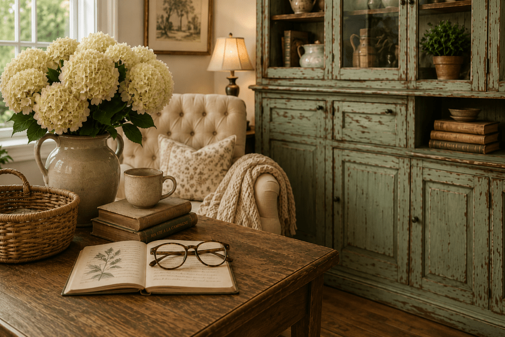 Cozy traditional living room with a distressed sage green cabinet, cream armchair, hydrangeas, vintage books, and warm natural light creating a welcoming and timeless atmosphere.