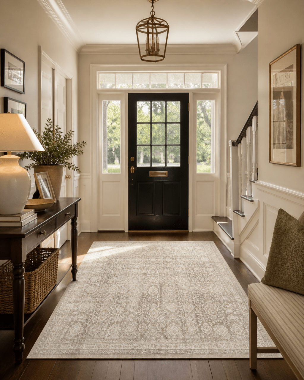 Traditional entryway with a vintage-style neutral area rug, black front door, dark wood floors, console table, bench seating, and warm layered lighting.
