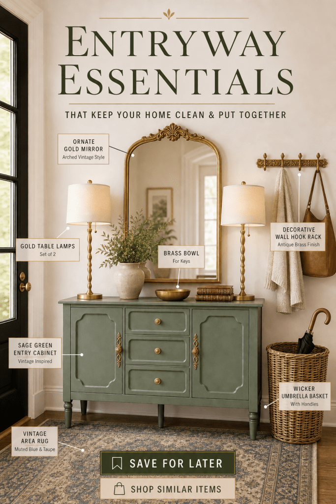 Nancy Meyers inspired traditional entryway featuring a sage green cabinet with brass hardware, ornate gold mirror, matching brass lamps, vintage blue rug, umbrella basket, wall hooks, and entryway organization essentials.