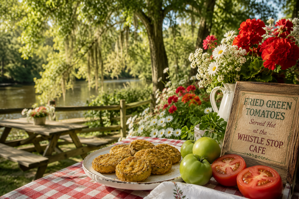 Fried green tomatoes served on a picnic table beside summer flowers and ripe tomatoes in a peaceful Southern garden setting.