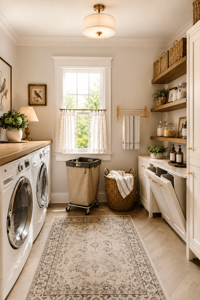 Traditional Nancy Meyers-inspired laundry room featuring white cabinetry, warm wood countertops, floating shelves, a washable vintage-style rug, decorative storage baskets, a fold-down drying rack, and soft layered lighting.