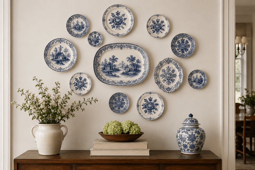 A curated blue-and-white plate wall featuring decorative plates and a large serving platter arranged above a wooden sideboard in a traditional home. White flowers, stacked books, and classic ceramic accents create a warm, collected look.